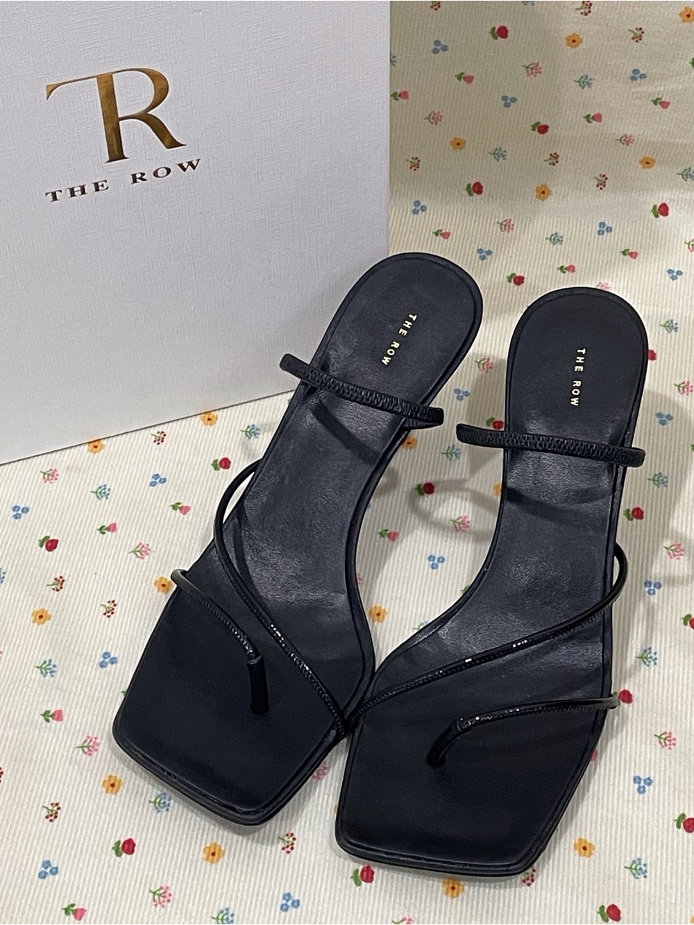 The Row Black Strappy Square-Toe Heeled Sandals